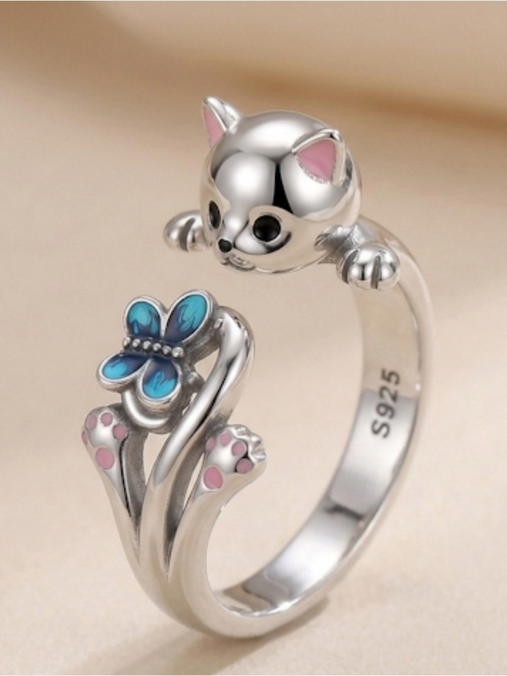 Sterling Silver Cat & Butterfly Open Ring - Pink & Blue Enamel